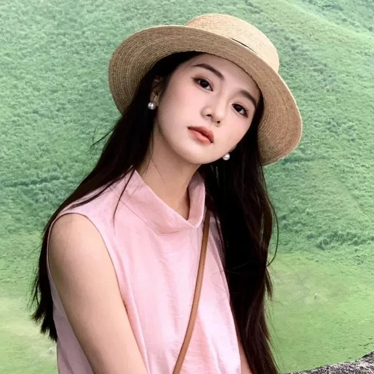 French flat-top straw hat women's summer new sunscreen sun hat seaside vacation beach sun hat