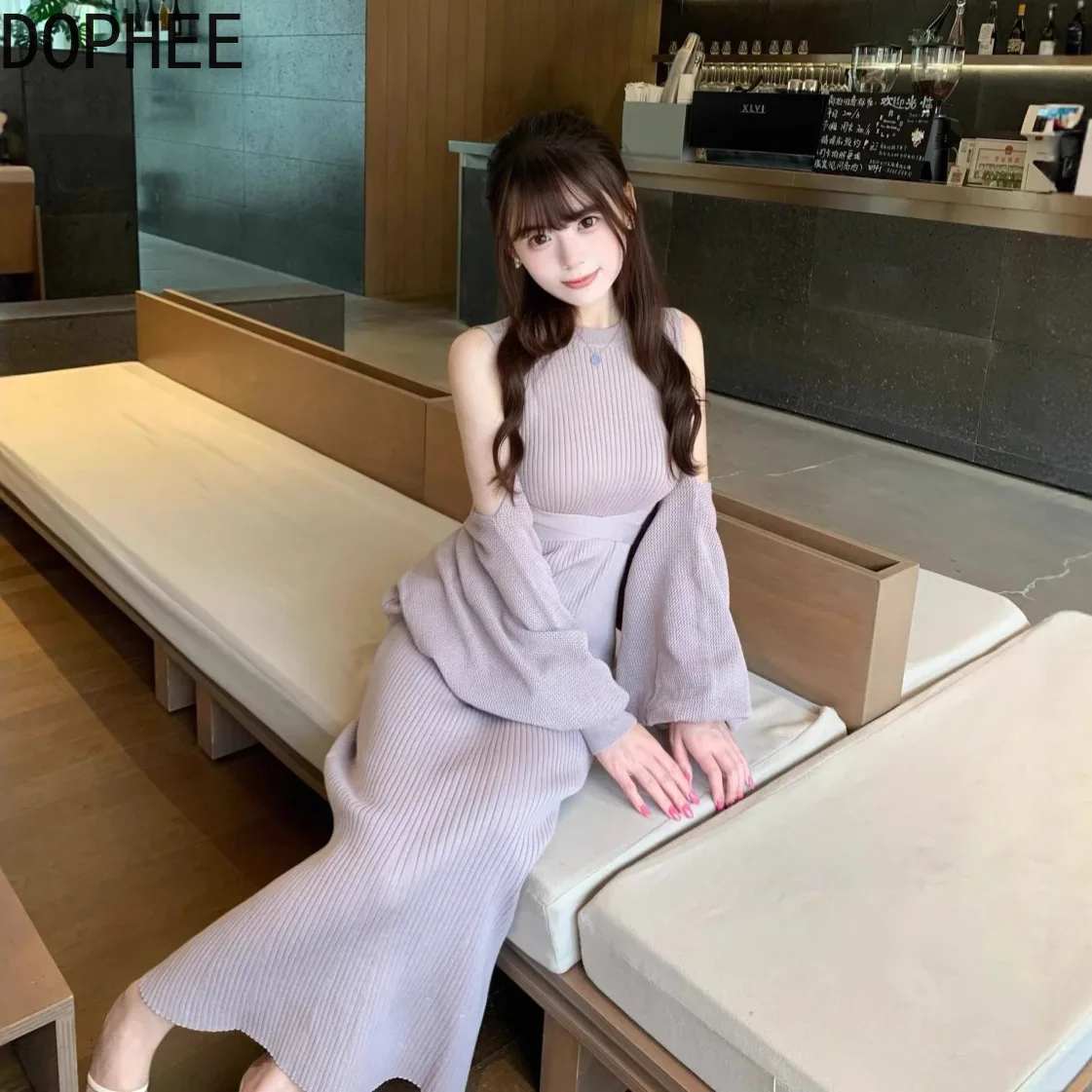 

Japanese New Spring Elegant Lady Two-piece Set Round Neck Sleeveless Knitted Long Dress Lantern Sleeve Short Cardigans Sweater