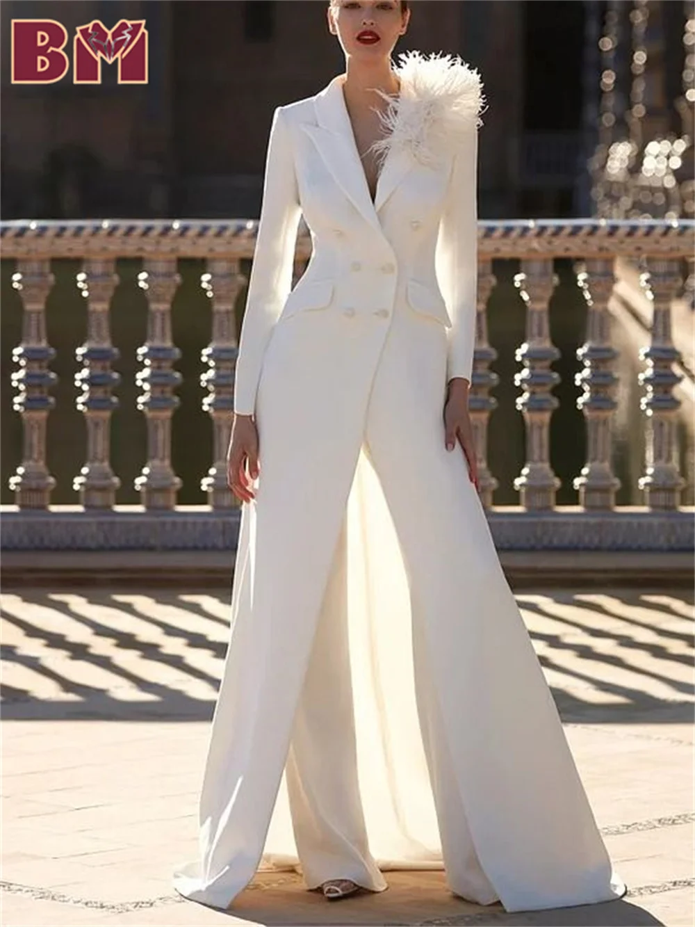 BRLMALL-2PCS White Long Coat For Women Suit Set Jacket Pants 2025 Elegant Feather Women Suit Formal Women Office Suit Customized