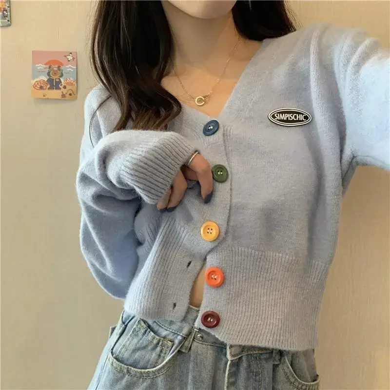 Cardigan for Women Long Sleeve Knitted Sweaters Sweater Cropped Crochet Kawaii V Neck Cardigans Woman Black Tops Cute 2024 Trend