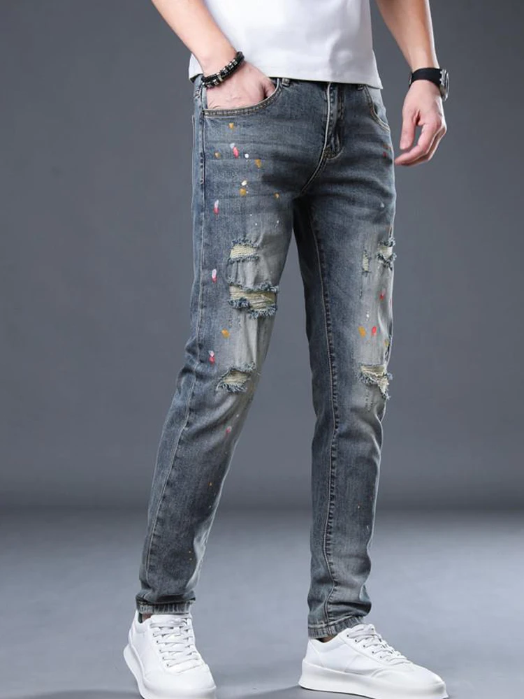 High Stree jeans With Holes For Men's Thin Fashion Brand Slim Feet Summer Black Cowboy Hip Hop Korean Style High Quality pants