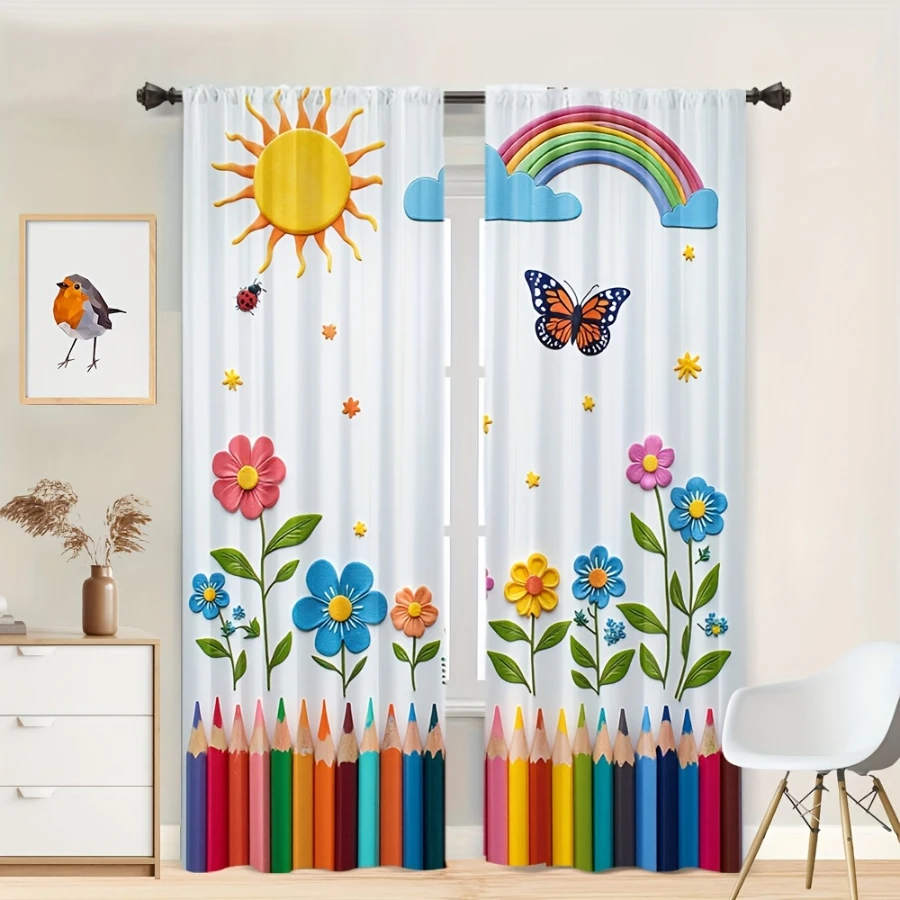 2PCS Digital Print  Curtain, Colored Pencil Flowers, Rustic Farmhouse Window Treatment Drape for Bedroom Kitchen Decor