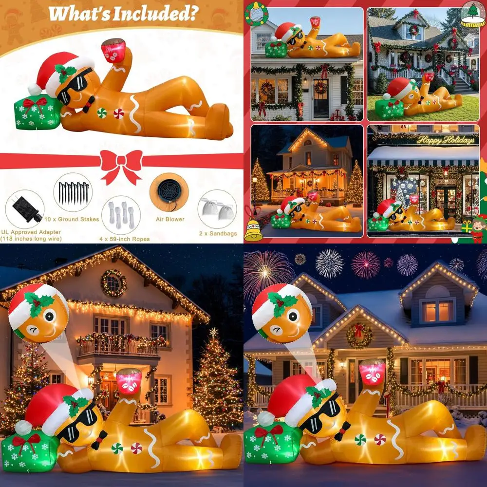 

Рождественские уличные надувные украшения: лежащий пряничный человечек со светодиодной подсветкой для двора, газона, сада, крыши