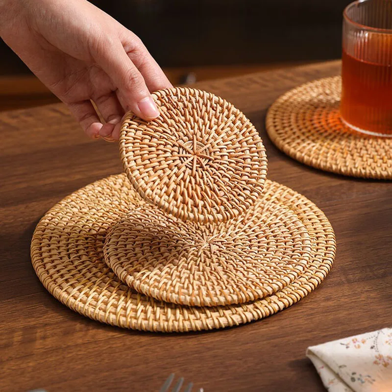 Round Cup Mugs Pad Placemat Rattan Coffee Coaster Tableware for Home Kitchen Table Mats Insulated Pads Hand-woven Placemat