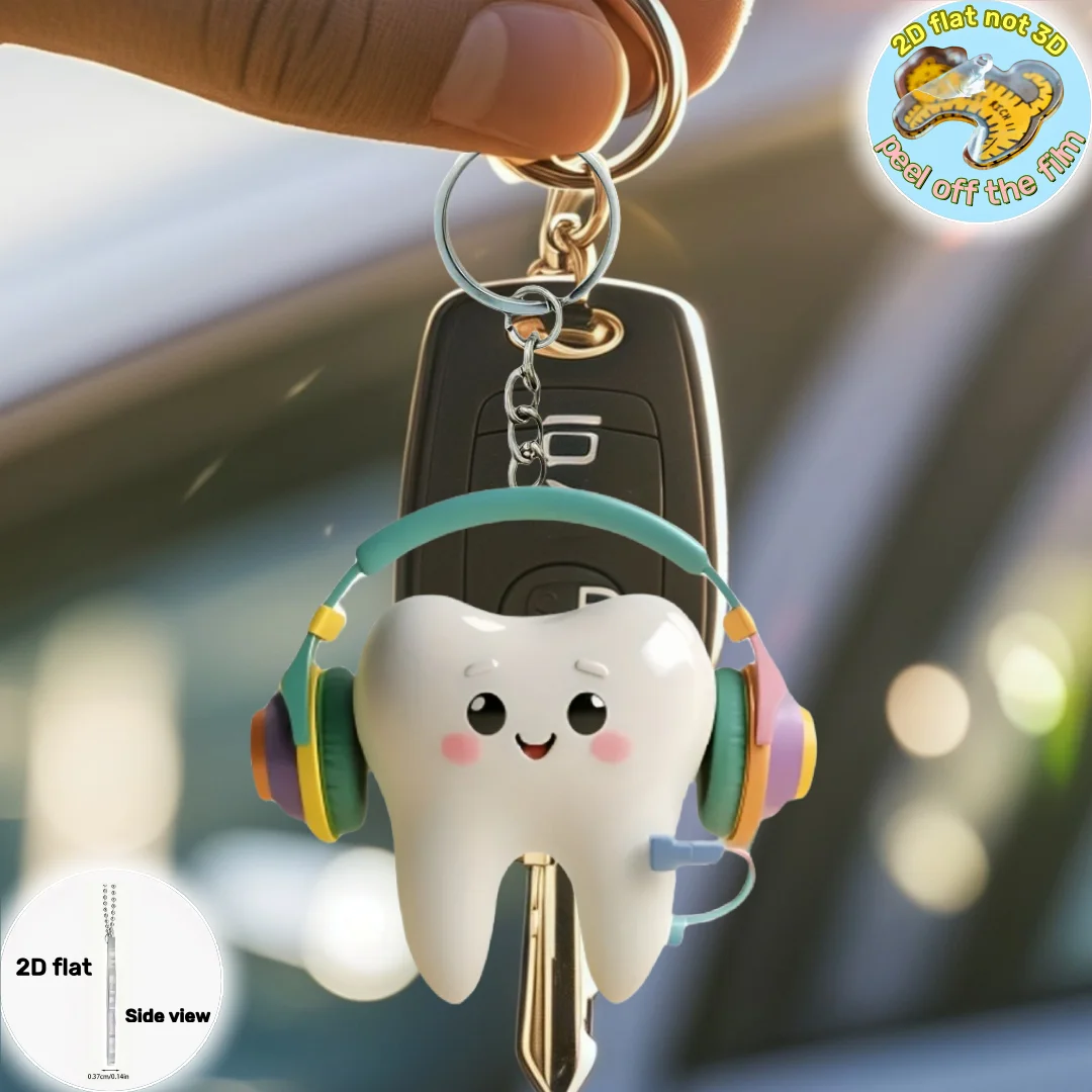 Broadcasting Teeth Pendant Keychain,Cartoon Pattern 2D Flat Acrylic Ornament,Hanging Decoration for Bags,Festive,Party,Gift,DIY