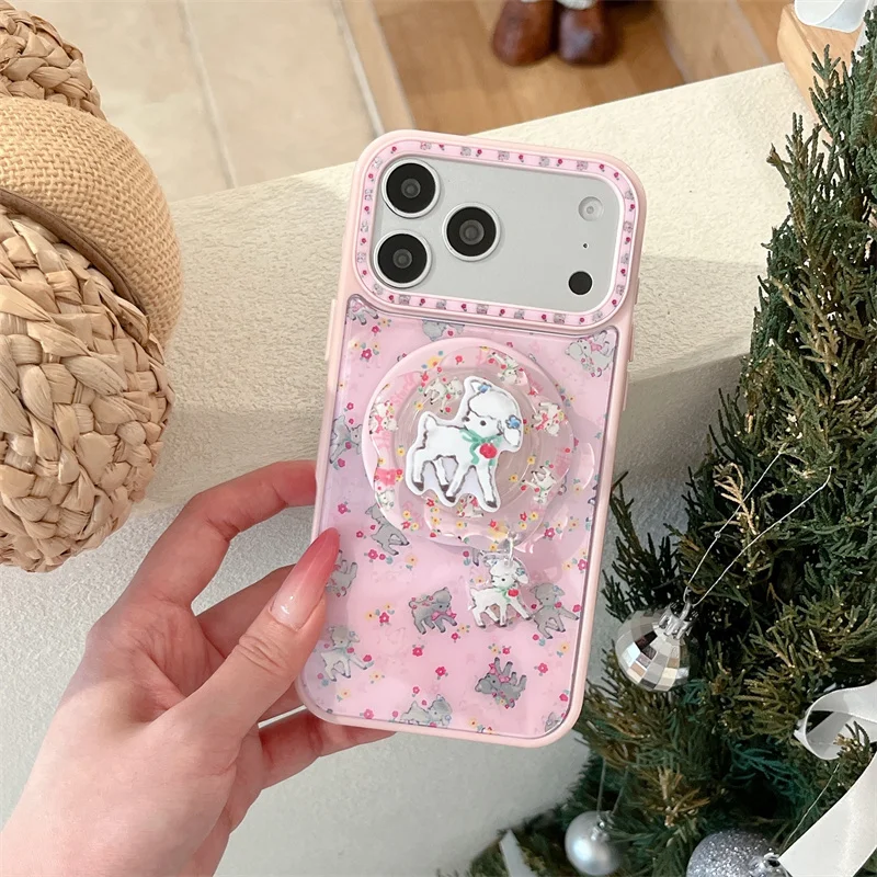 

New Cute pink lamb Magnetic Phone Case For iPhone 17 16 Pro 15 Pro Max Cover with Stand Holder Cases for Magsafe Girls