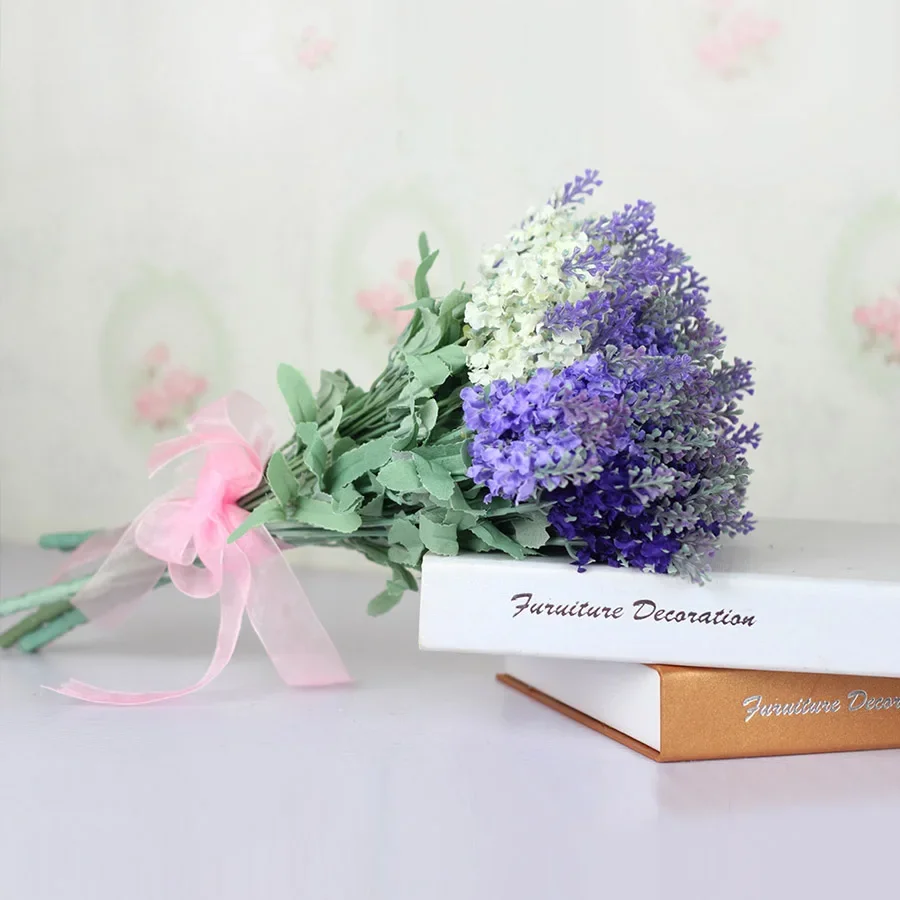 10 Heads Romantic Provence Lavender Silk Artificial Flowers Purple Bouquet Plastic Fake Flower White for Home Wedding Decoration