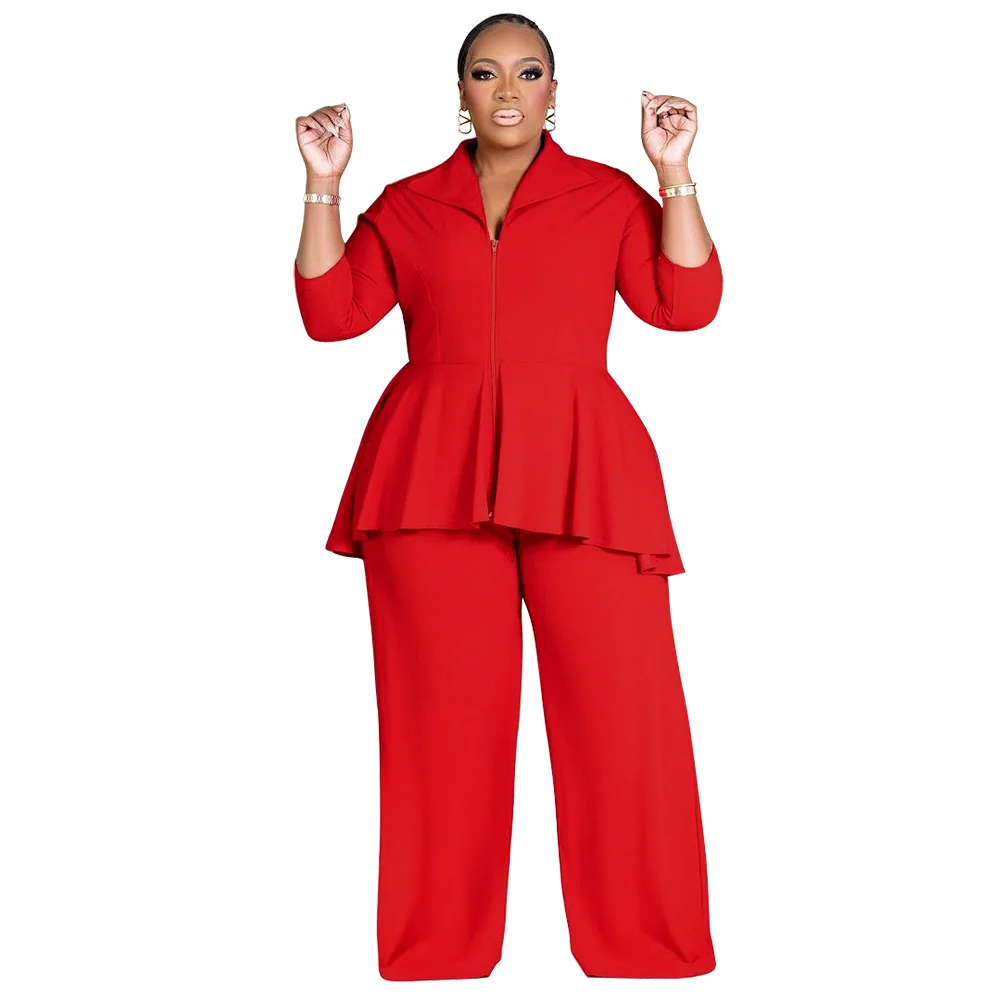 Plus Size Fashionable Women Two Piece Set Solid Color 2025 New Arrivals Long Sleeves Coat and Pants Casual Pants Suits