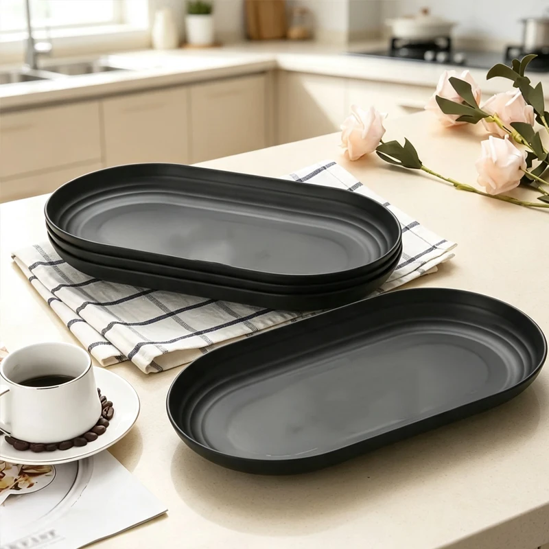 6/8pcs long oval serving plate and light wheat straw tableware are suitable for family dormitory parties.