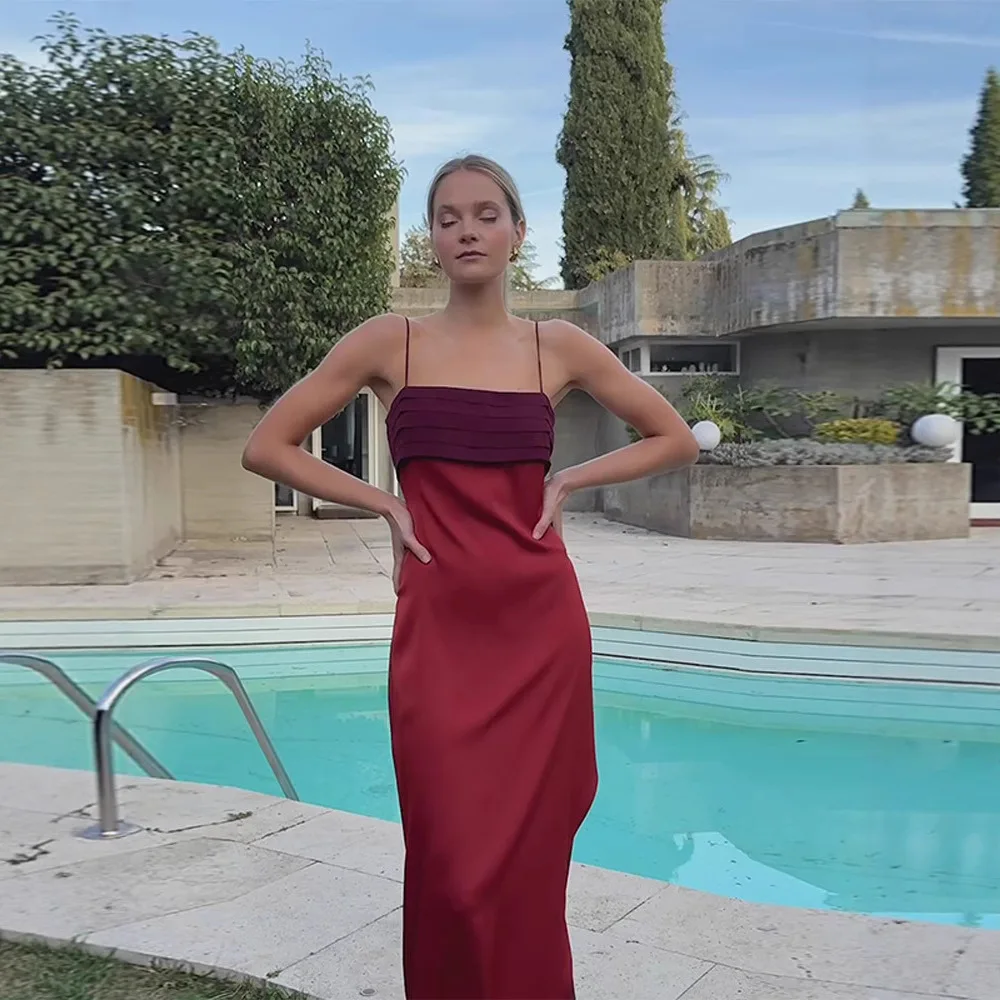 Elegant Color Block Suepander Maxi Dress Sleeveless Halter Spaghetti Strap Satin Dresses 2025 New Summer Lady Party Streetwear