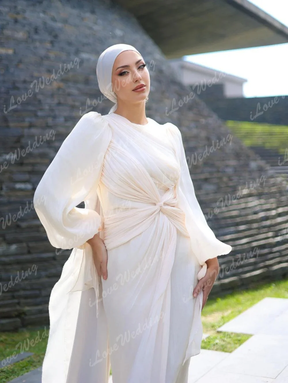 فستان حفلة موسيقية بأكمام واسعة وثنيات من الكريب 2025 بطول الكاحل مستقيم من فيستدوس دي فييستا بياقة إسلامية فساتين سهرة مخصصة