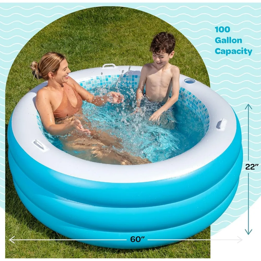 Inflatable Round Swimming Pool with Blow Up Padded Floor, Cup Holder, Handles and Drain - 60"x22" Deep Round Large Kiddie Pool