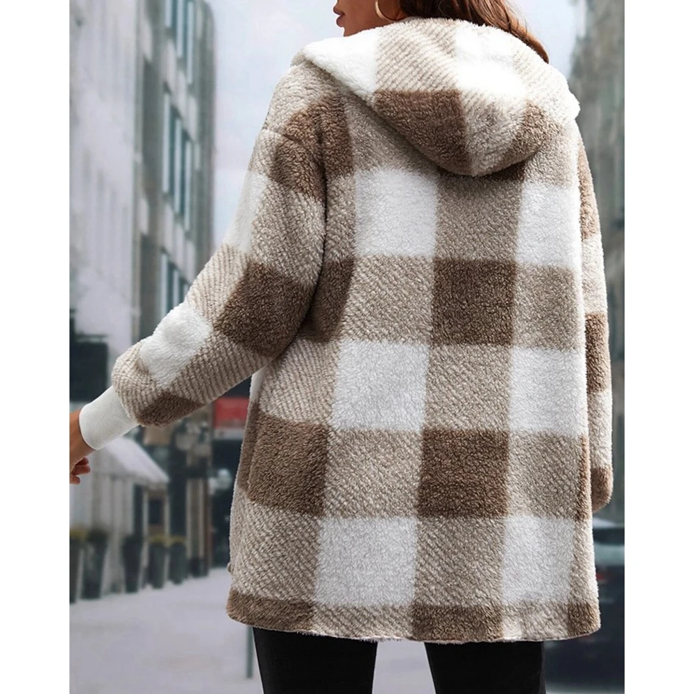 Autumn Women Plaid Print Fluffy Hooded Longline Coat Shacket Femme Long Sleeve Overcoat Elegant Casual Open Front Outfits