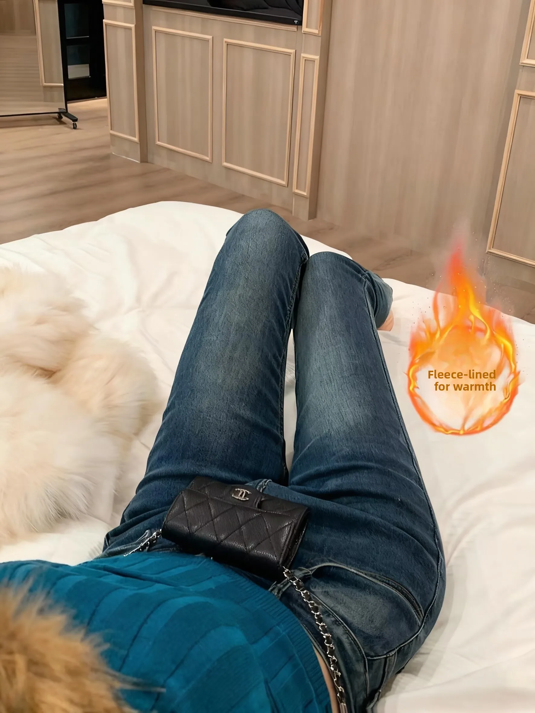 

Sexy High Waist Fce Lined Tight Fit Elastic Denim Jeans Korean Sle Vintage Wear for Women Autumn Winter Seasonal Use