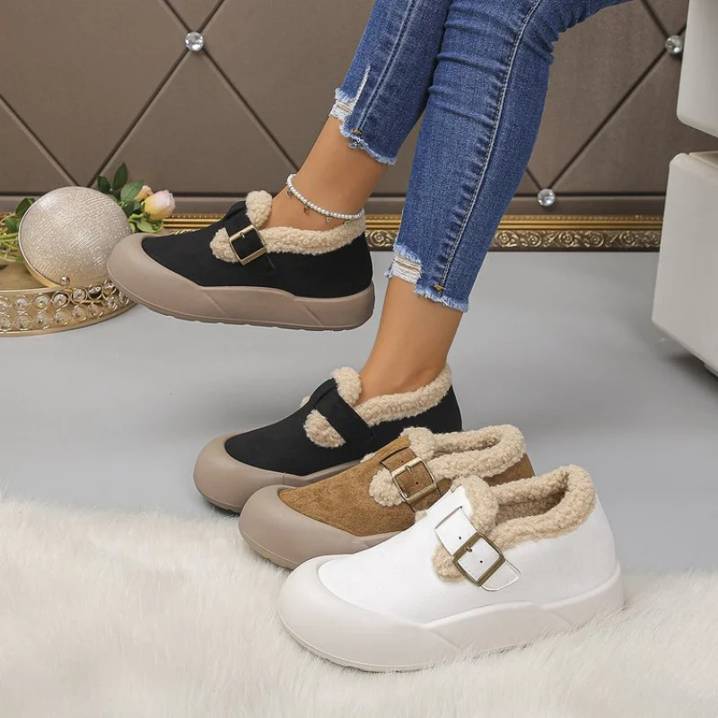 Suede Deep Mouth Lefu Shoes Low Top Rubber Mid Heel(3-5cm)Platform Sole Round Toe Slip-On Bagged