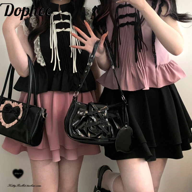 Dophee Original Double Bow Women High Waist Short Skirts Landmine System Cute Girls Pink Ball Gown A-line Mini Skirt Students