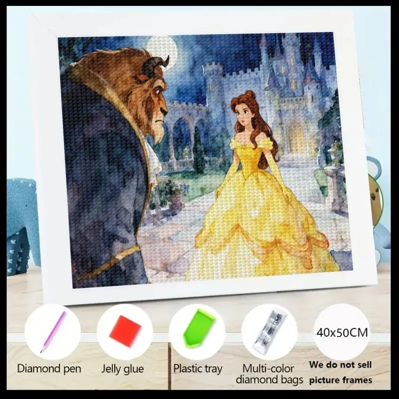 

1 шт. Disney Beauty and the Beast 5D комплект алмазной живописи, Belle & Prince Moonlit Castle Scene Full Drill DIY Crystal Art, 40x50 см