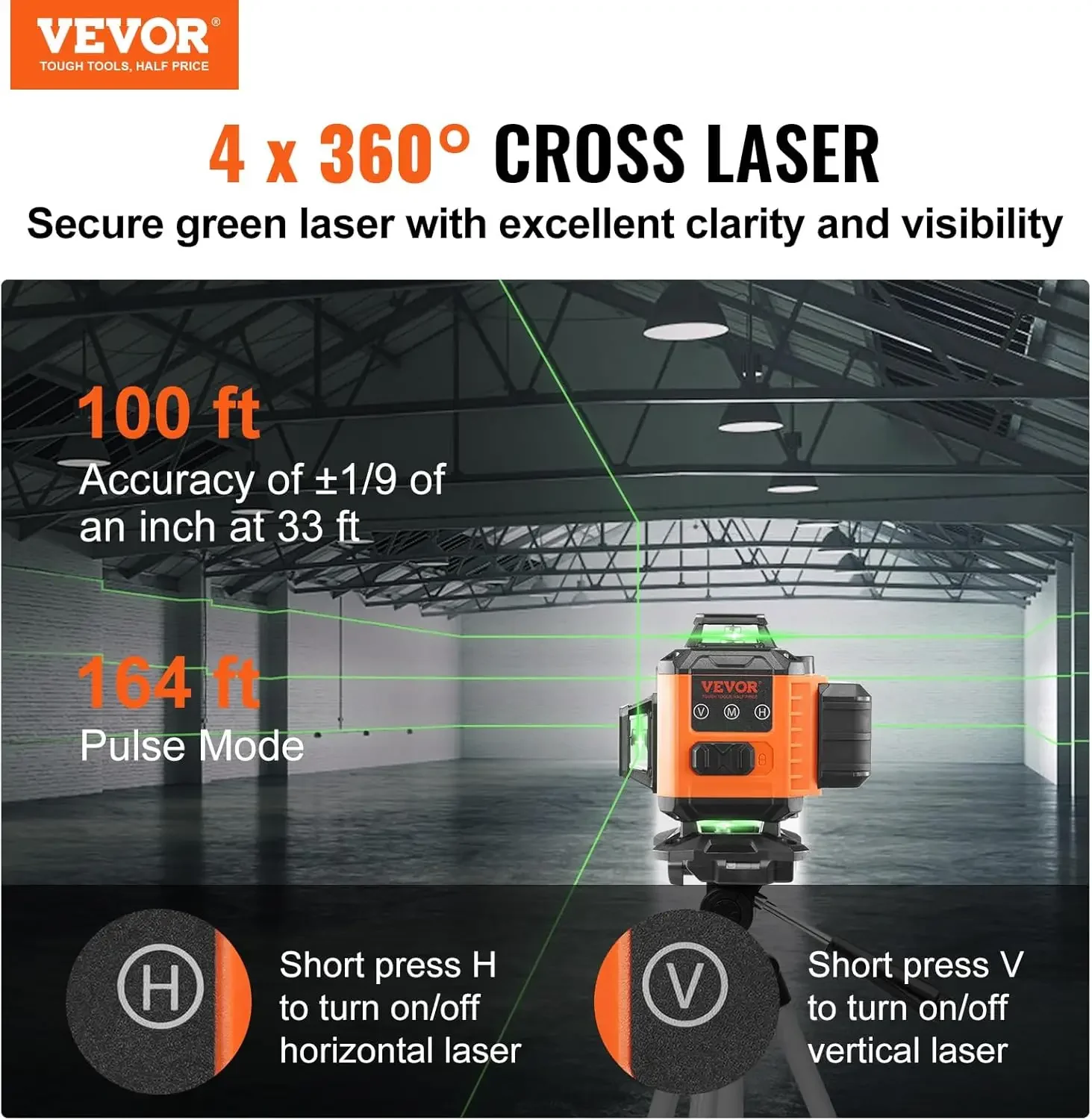 Laser Level, 100ft, Self Leveling Manual Green 3 x 360° Cross 16 Line Laser