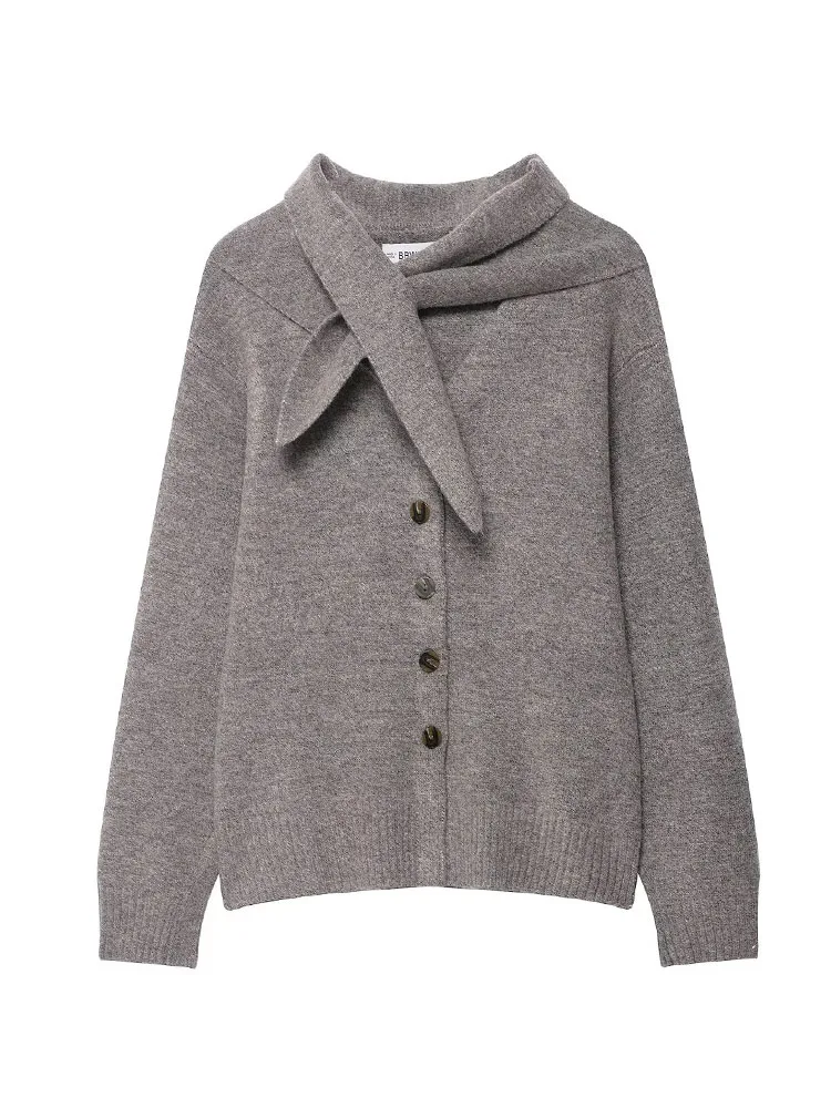 

HH женские модные однотонные вязаные топы с длинными рукавами, однобортный свитер с воротником-шарфом, кардиганы, женские повседневные тонкие короткие пальто