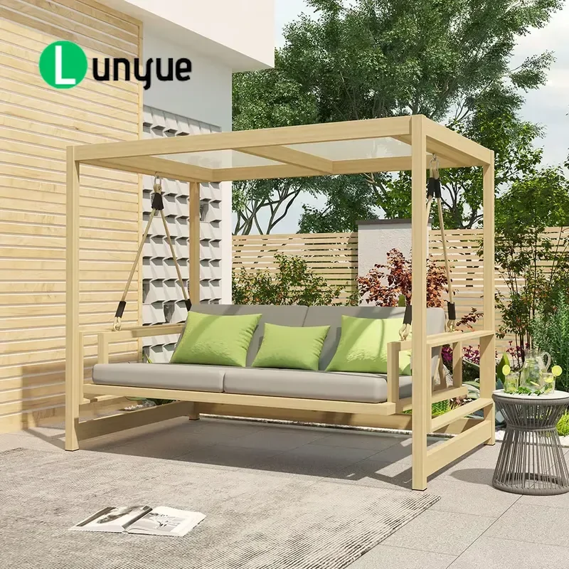 Mediterranean Style Terrace Swing Set Deluxe Weather Resistant Sofa with Canopy and Stand for Villa Courtyard Backyard