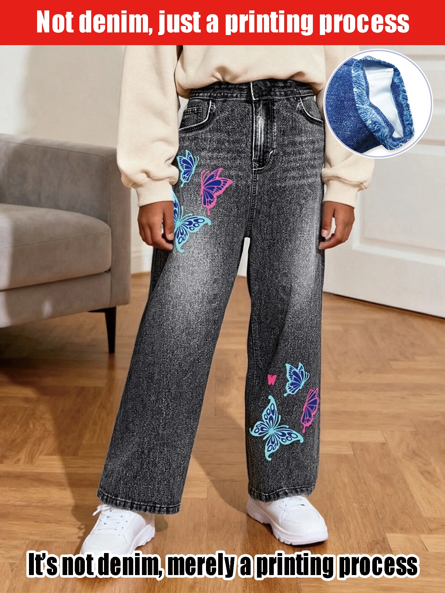 

2025 Trend Girls Fashion Casual Wide Leg Pants - Colored Butterfly Printing - Loose Children's Imitation Denim Pants