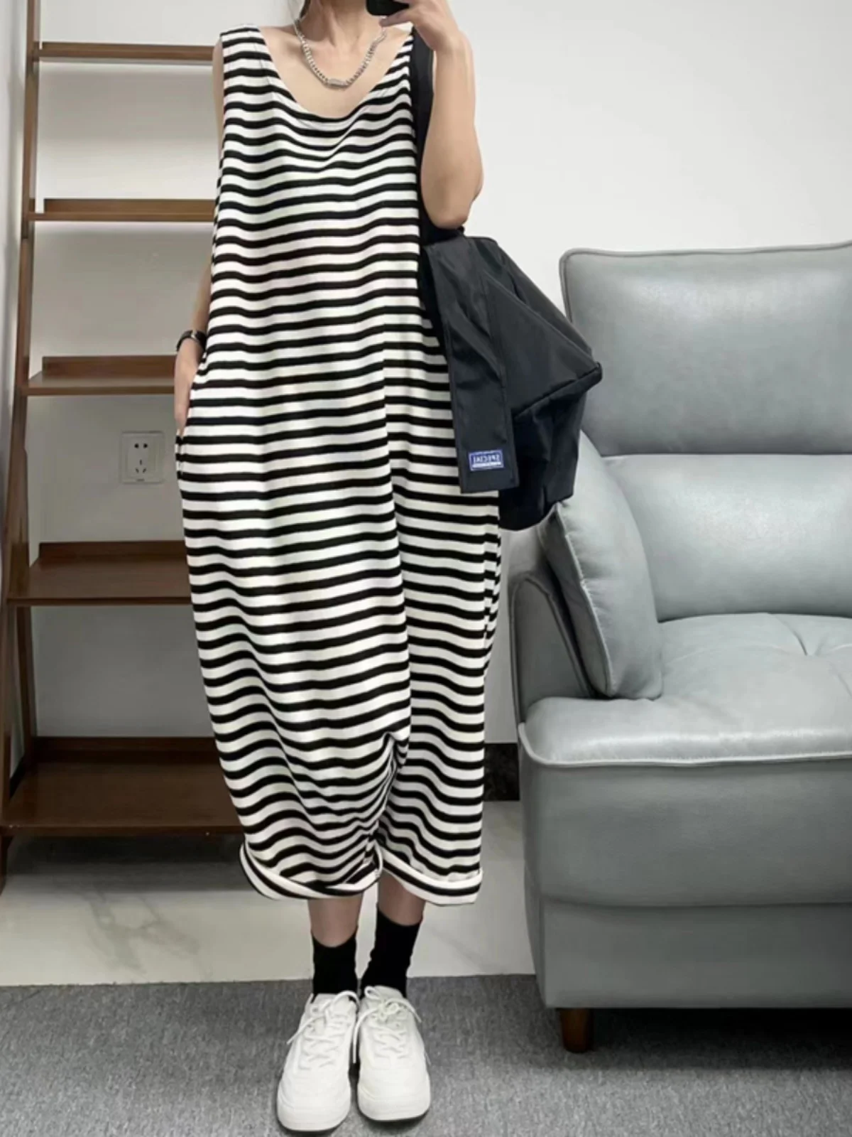 Phil dan preguiçoso hong kong sle harajuku malha algodão listrado svel macacão verão calças desleixadas 50 streetwear macacão