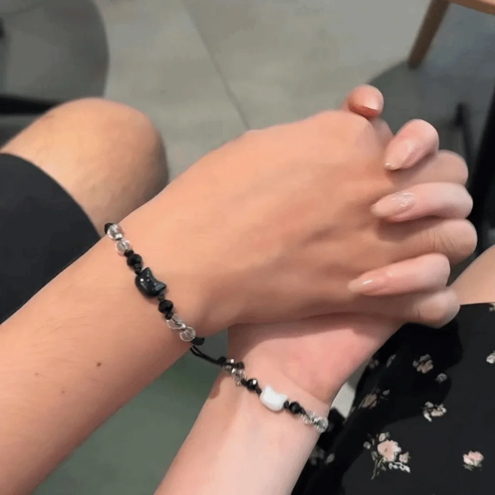 Minimalist Design Couple Bracelet Cute Moonstone Obsidian Rabbit Woven Bracelet Black White Beaded Cat Bracelet Party Jewelry