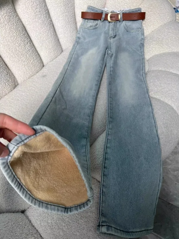 

Женские расклешенные джинсы с высокой талией на подкладке, зимние новые облегающие брюки в американском стиле, женские узкие джинсы