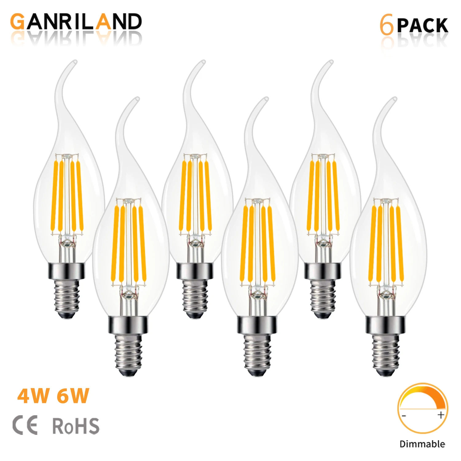 6Pack LED Candle Light Bulbs C35 4W 6W Warm White 2700K E12 E14 Candelabra Base Dimmable Indoor Decor Lamp Bulb For Chandelier