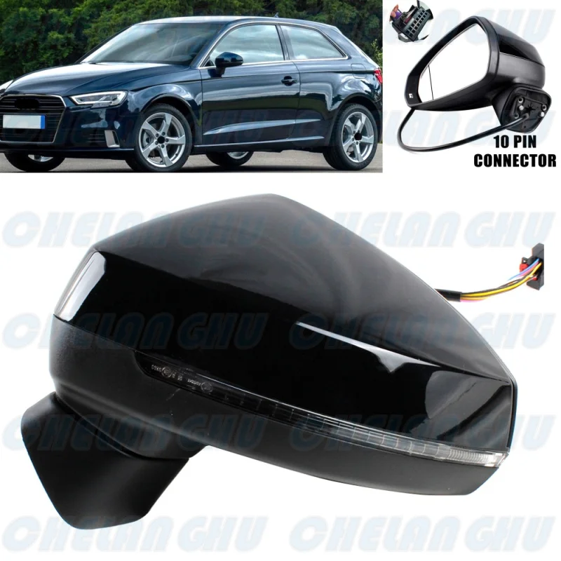For Audi A3 2014 2015 2016 2017 2018 2019 2020 2021 LHD Left Side Black Painted 10 Pins Auto Adjust Power Fold mirror Assembly