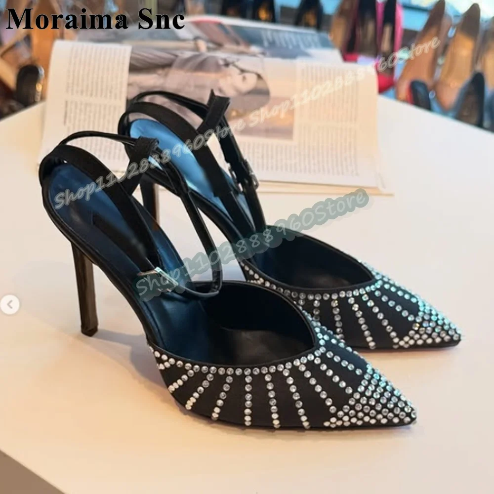 

Sexy Black Satin Crystal Pointy Sandals Thin High Heel Women Shoes Ankle Buckle Strap Pointed Toe Luxury Bling Banquet Sandals