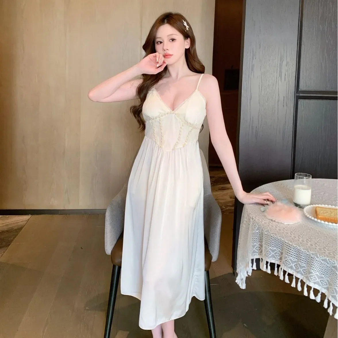 

Summer Lace Nightgown Woman Sexy Suspender Nightdress Lingerie Silky Satin Sleepwear Home Robe Dressing Gown Loungewear