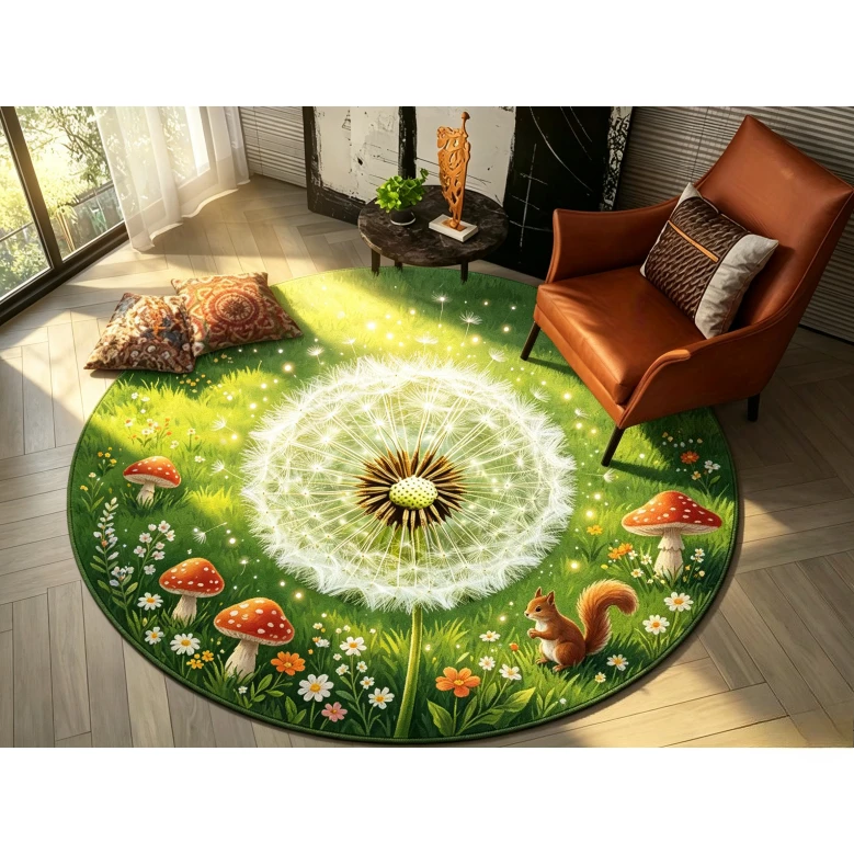 Magical Forest Round Floor Rug Large Dandelion Squirrel Fly Agaric Mushroom Wild Flower Pattern Decor Area Rug for Home Ornament