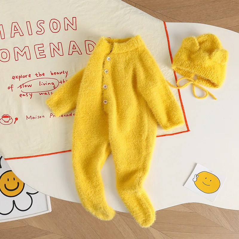 Newborn Baby Bodysuits Wool Soft Warm Winter Outdoor Baby Clothing Cute Funny Bear Yellow Rompers With Hat