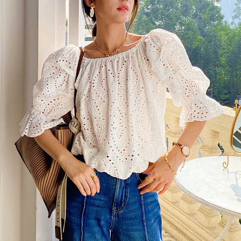 GypsyLady Cotton Elegant Chic Blouse Shirt White Embroidery Hollow Out Women Blouse Lantern Sleeve Boho Sexy Ladies Top Shirt