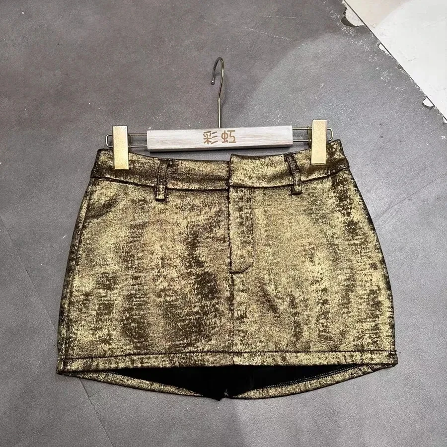 2024 Spring Autumn New Street Nightclub Spicy Girl Crack Metallic Coating Short Skirt, For Women Clothing,Bag Hip Mini Skirts