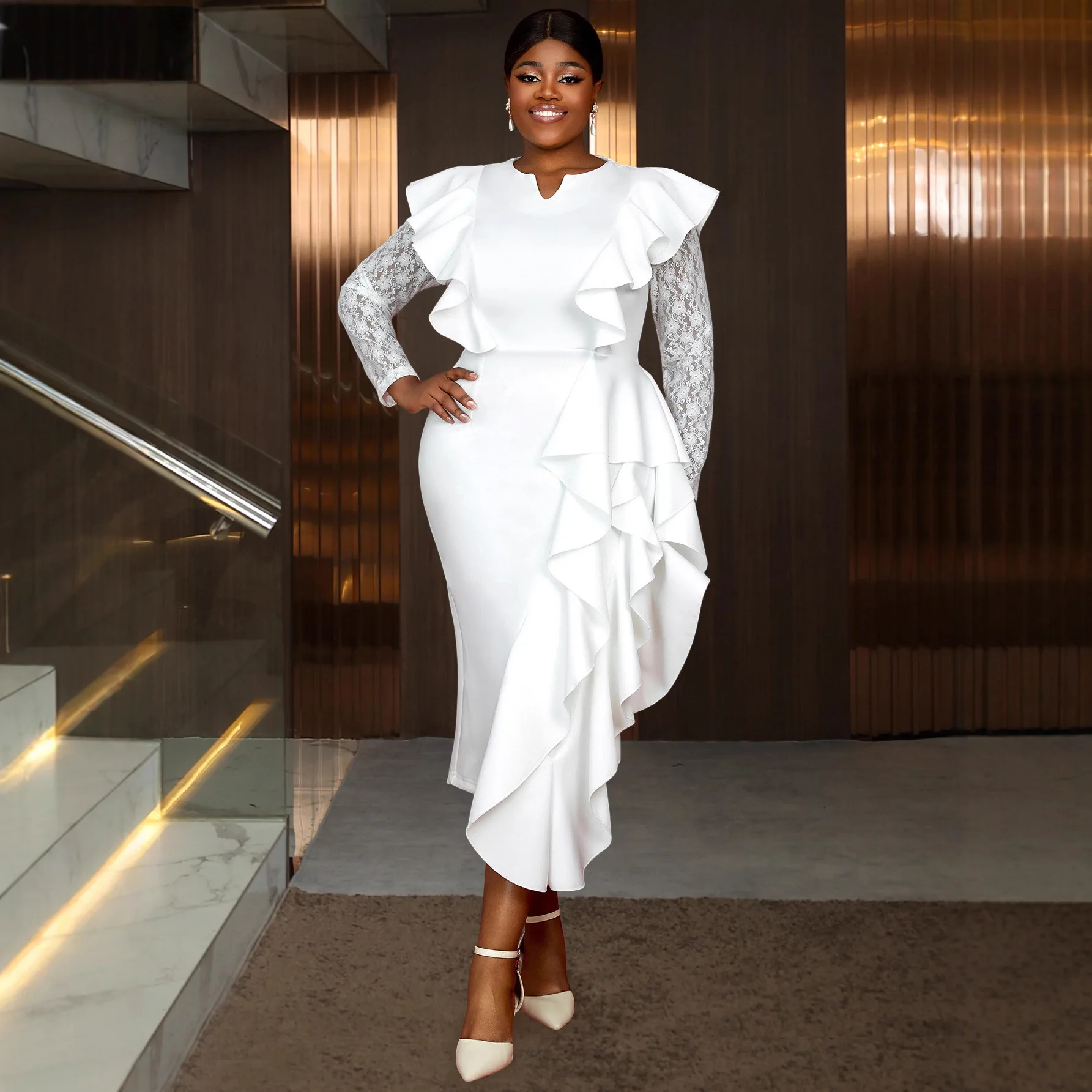 

Dashiki African Dresses for Women Elegant 2026 African Long Sleeve V-neck Lace White Party Evening Long Dress Ankara Dresses