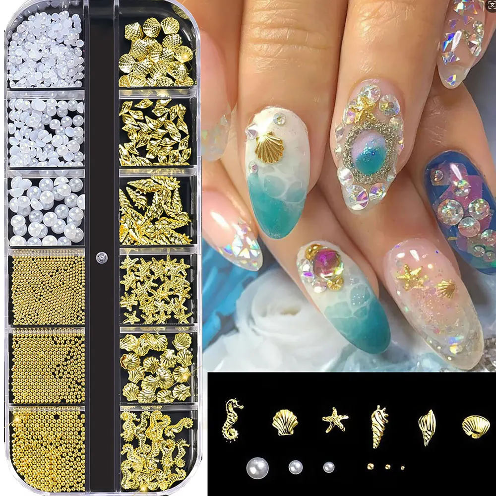 12Grid 3D Gold Ozean Nieten Nagel Charms Gemischte Seepferdchen/Seestern/Muschel Perle/Mini Kaviar Perlen/Strass Nagel Schmuck Dekoration
