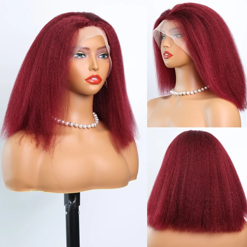 バーガンディ200%高密度縮毛矯正風ストレート13x4レースフロントボブウィッグ人毛プレプラッキング済み透明レース100%人毛ウィッグ # 99J（ナインティーナインジュウ）