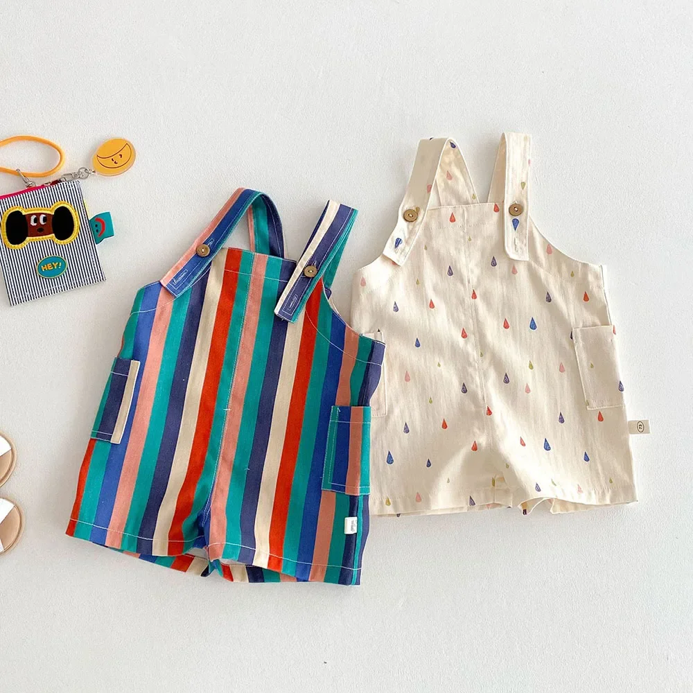 

9M-5T Summer Kids Clothes Colorful Striped Overalls Raindrop Print Girls Jumpsuits Kids Outfit