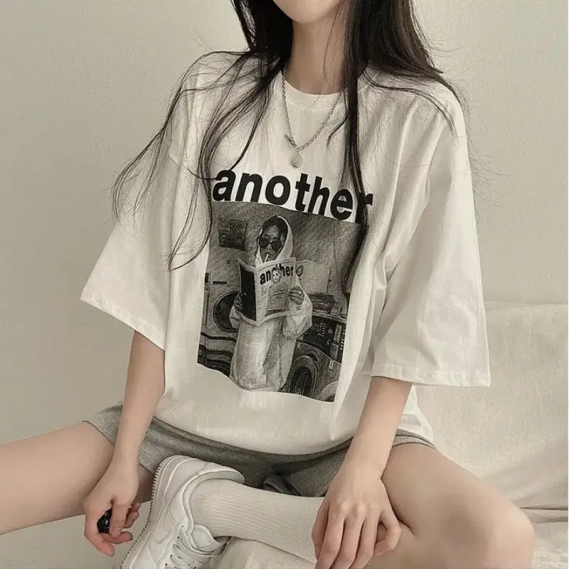 

Korean Fashion Brand Women's Round Neck Cotton Letter Printed T-shirt Oversized Loose Short Sleeved T-shirts Trendy Streetwear