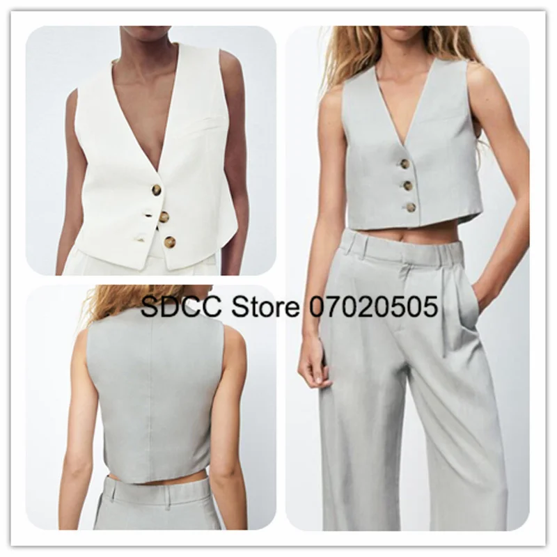 

Women'S Vest V -Neck Single -Breasted Sleeveless Jacket Elegant Casual Lady Pure Color White Waistcoat Chaleco Calefactables