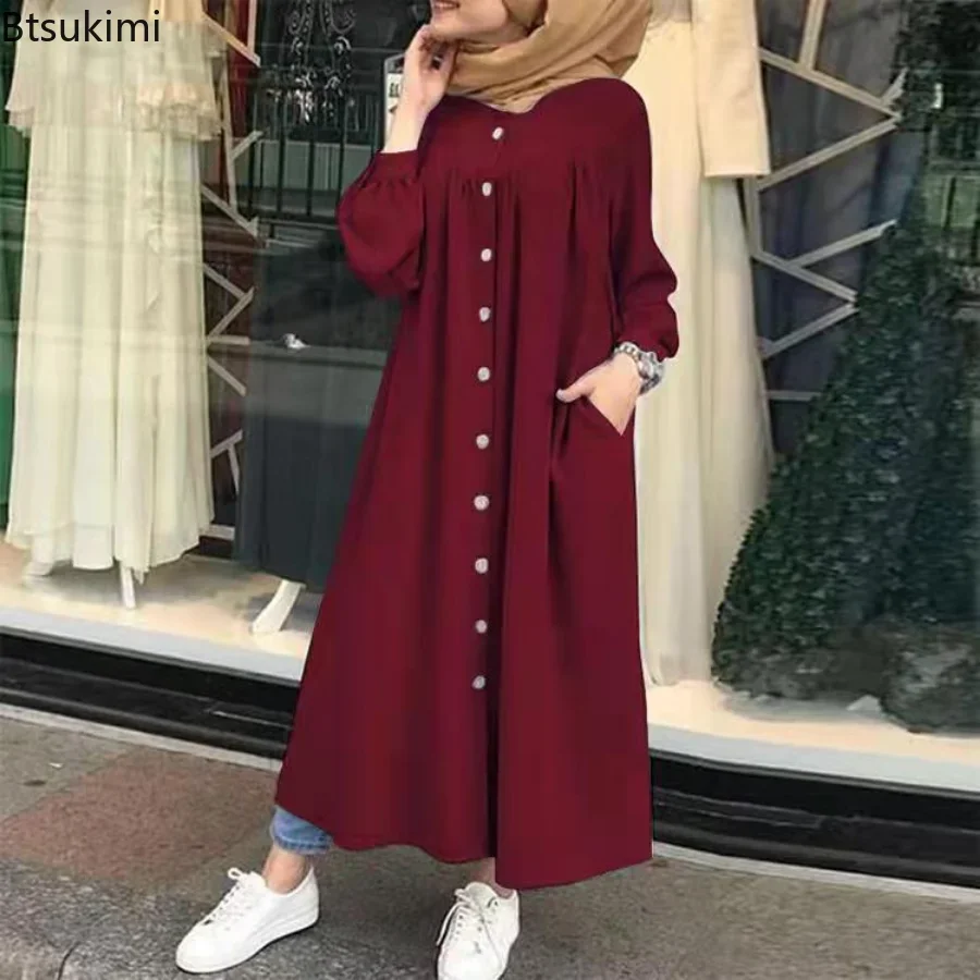 Vestido musulmán informal de talla grande 4XL 5XL para mujer, vestido camisero liso de manga larga con botones, bata con bolsillo, Abayas para