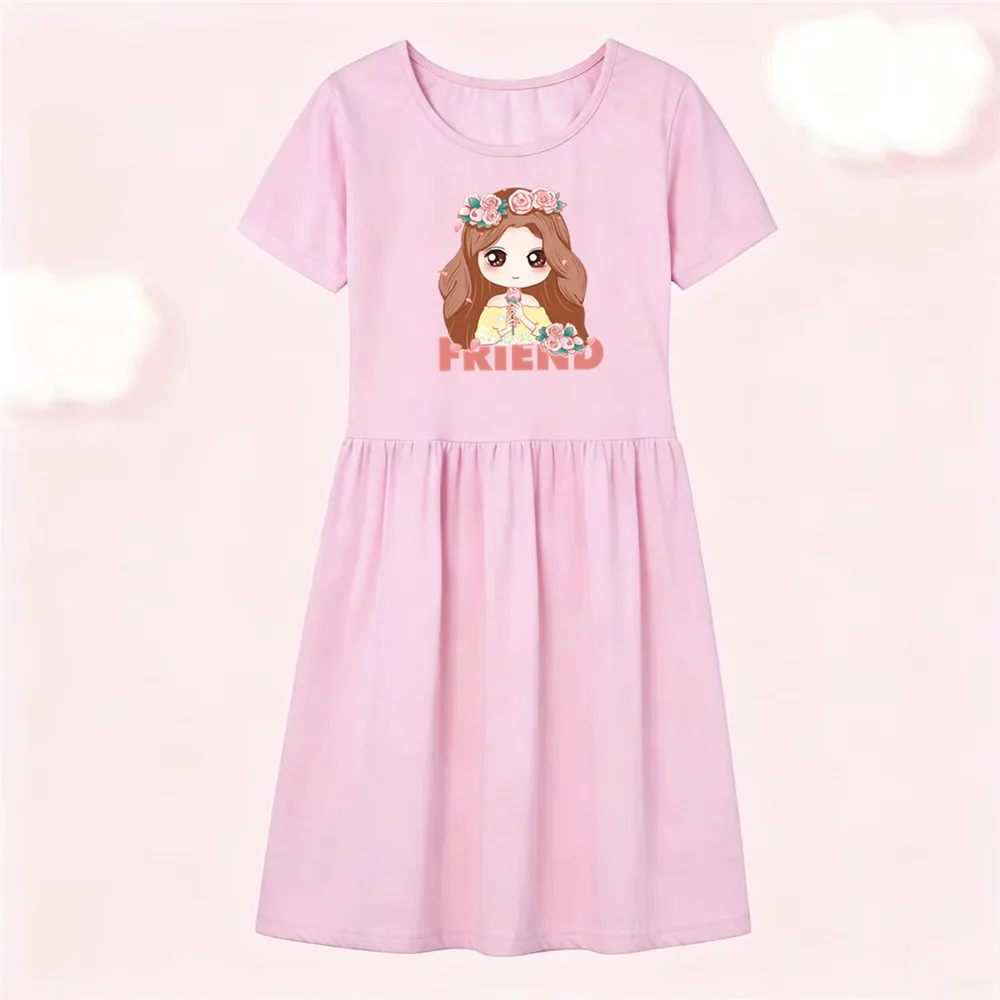Girls Cotton T-shirt Dress Cartoon Girl Flower Crown Print Round Neck A-line Skirt Kids Summer Casual Dress Pink Lilac