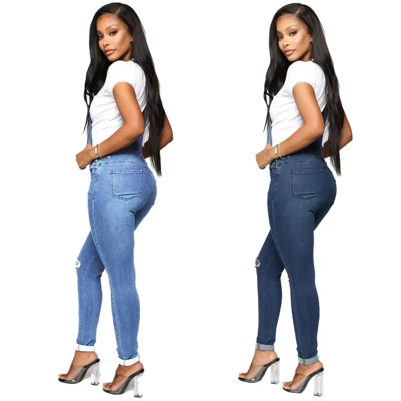 Women Jeans Ankle Length Pencil Pants Denim Overalls Pockets One Piece Mid Waist High Street Solid Distressed Holes Spliced 2025