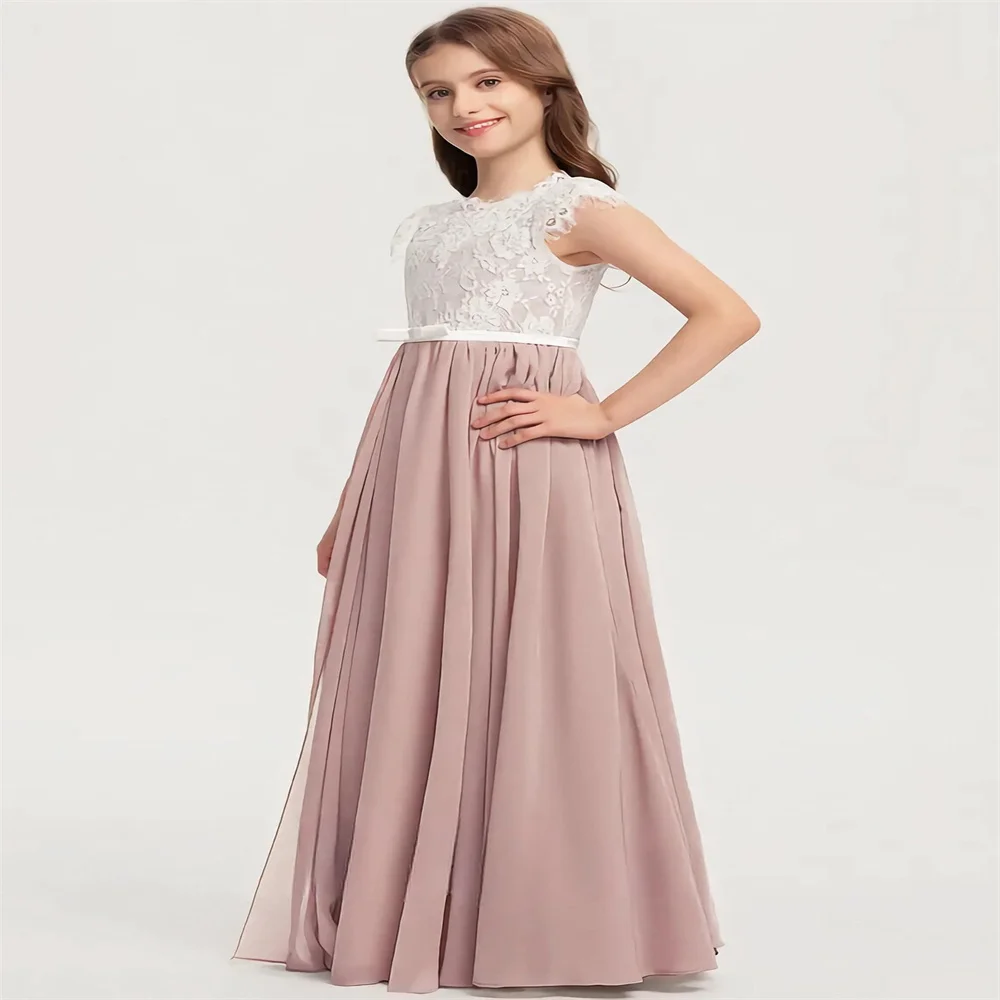 

Flower Girl Dress Dusty Rose Junior A-line Scoop Floor-Length Chiffon Lace Satin Bridesmaid Dress With Bow First Communion