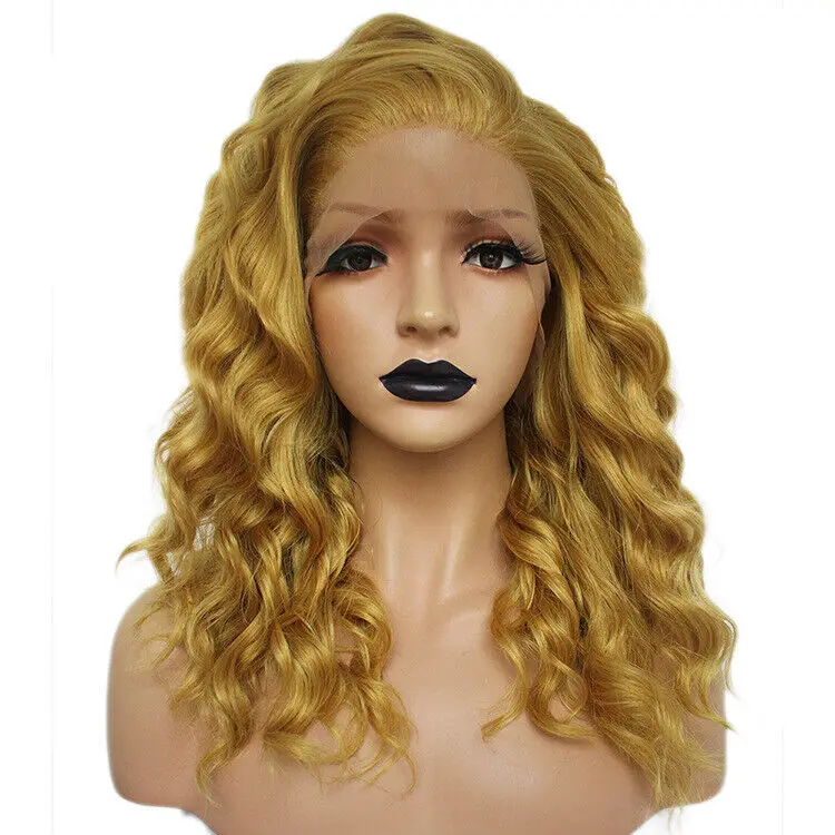 Ginger Yellow Long Wavy Hair Stylish Wavy synthetic Lace Front Wig Heat