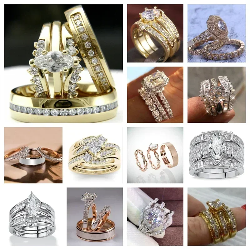 New 3-piece Fashion and Elegant Diamond Ring Set with Silver/Gold Plating, Suitable for Women's Wedding  Crystal Setting