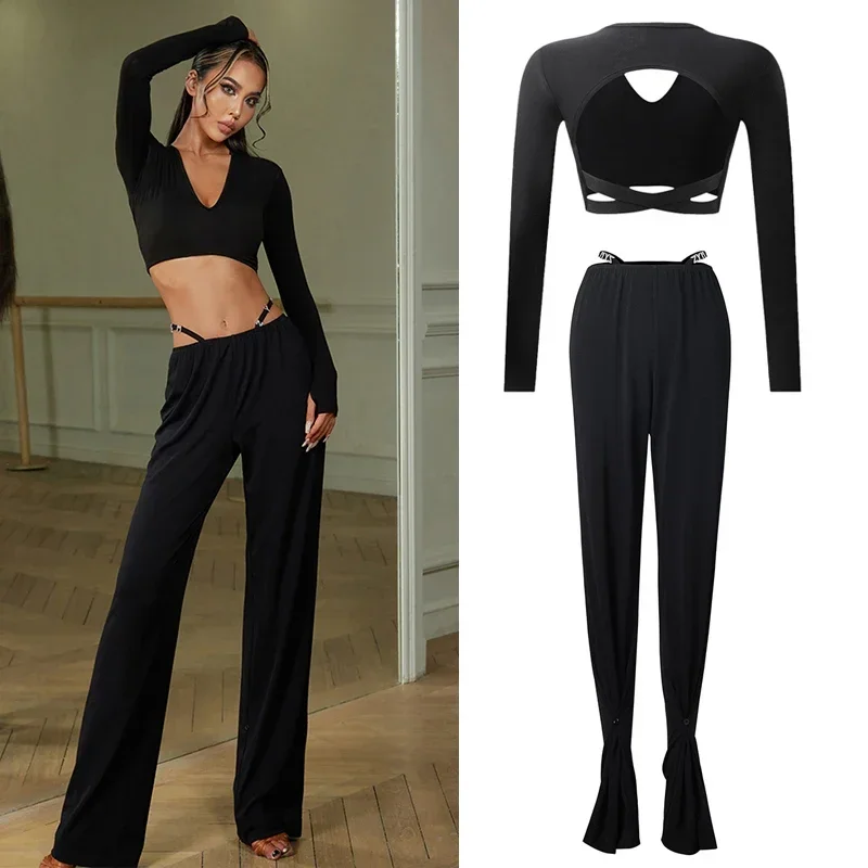 

New Latin Dance Tops Pants For Women Long Sleeves Practice Training Clothing Cha Cha Rumba Samba Ballroom Dance Clothes DNV18540