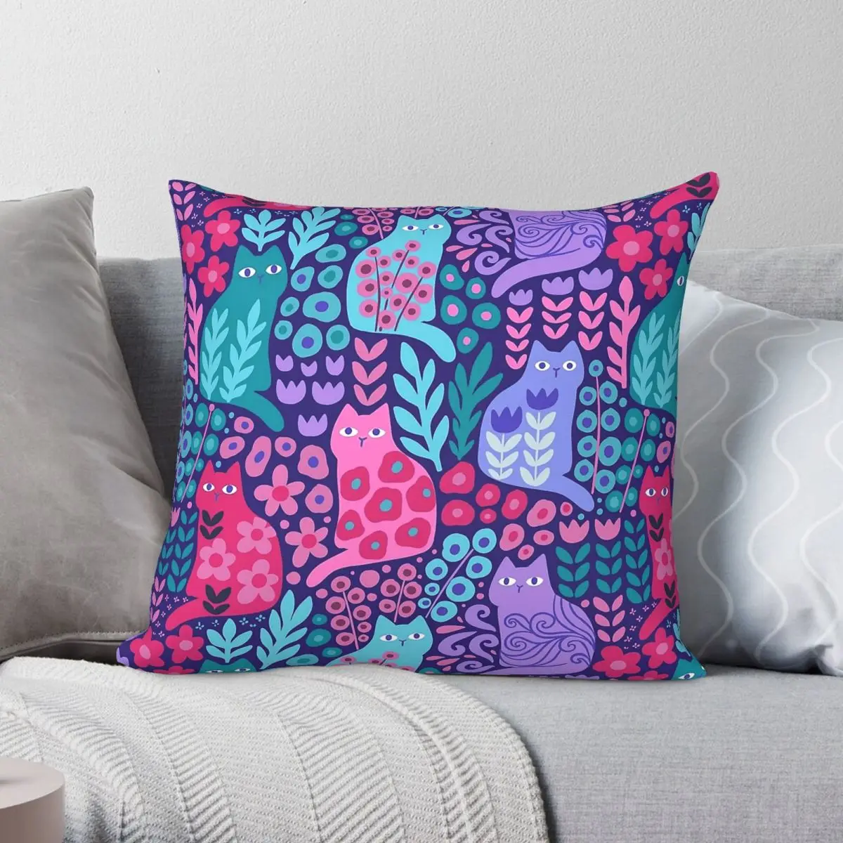 Jewel Tone Kitty Cats Plants Square Pillowcase Polyester Linen Velvet Pattern Zip Decor Throw Pillow Case Car Cushion Cover